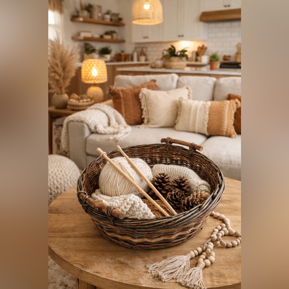 Handwoven Paper Vine Wicker Basket. Rustic Boho Farmhouse Decor.